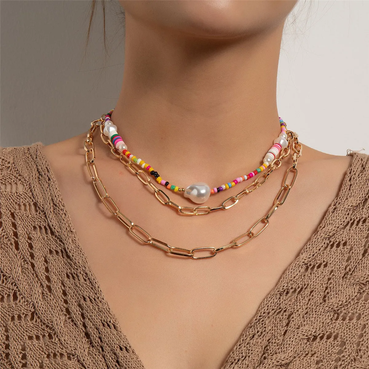 Pearl & Multicolor Howlite Polymer Clay 18K Gold-Plated Layered Necklace