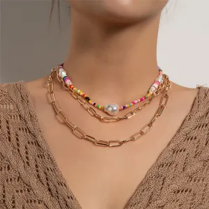 Pearl & Multicolor Howlite Polymer Clay 18K Gold-Plated Layered Necklace