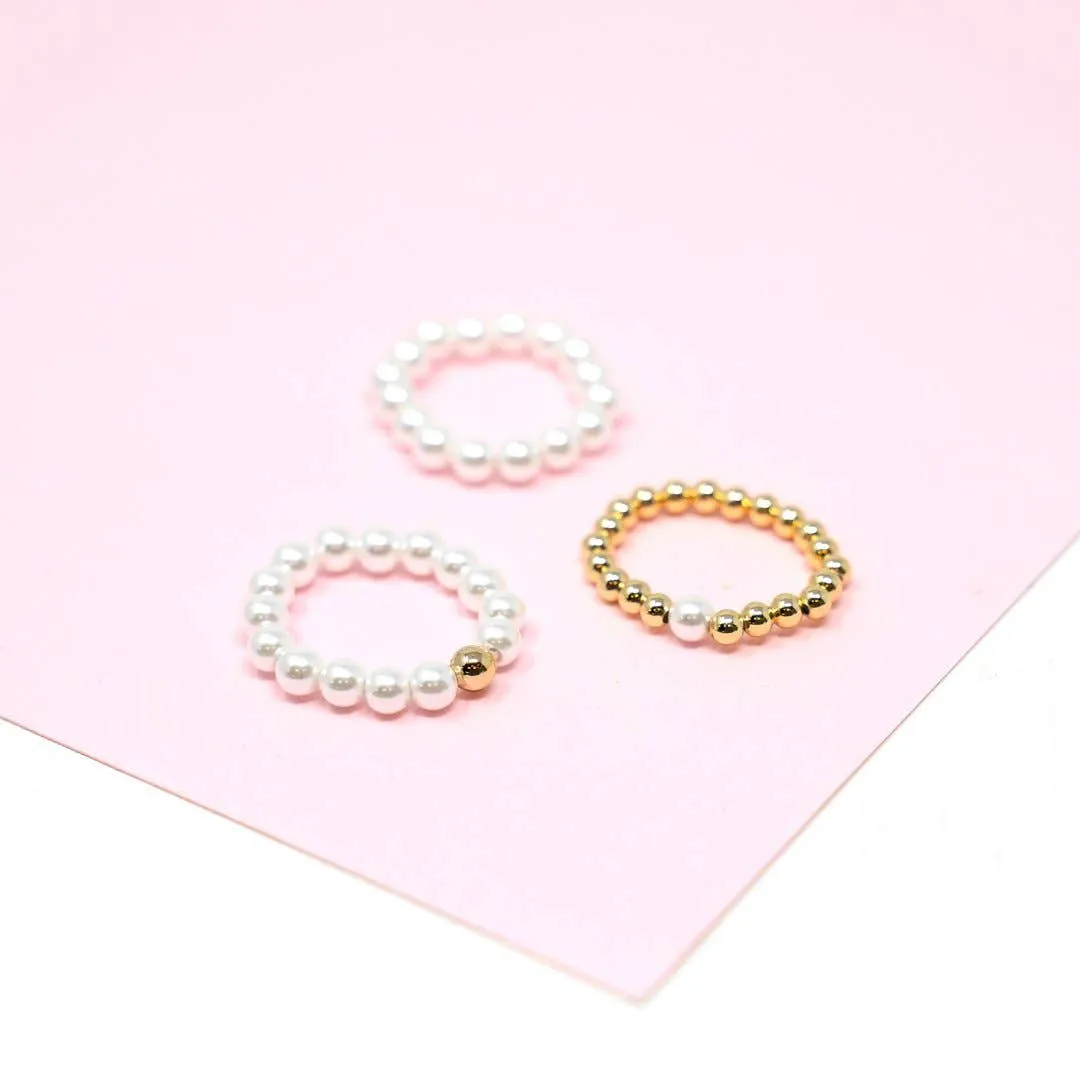 Pearl and Gold Bead Stretch Rings - White Beads with Gold Accent