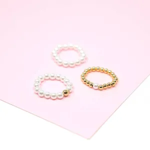 Pearl and Gold Bead Stretch Rings - White Beads with Gold Accent