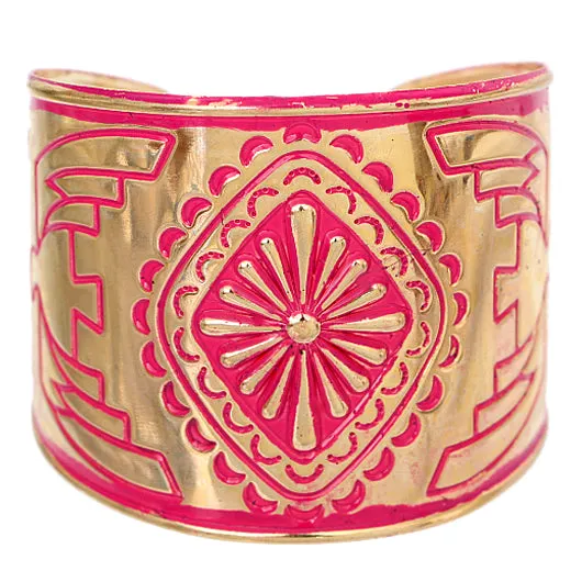 Pink Double-Sided Art Deco Metal Cuff Bracelet