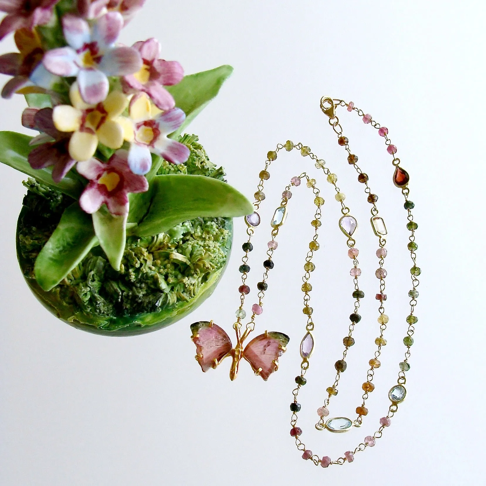 Pink Green Watermelon Tourmaline Butterfly Necklace - Papillon XX Necklace