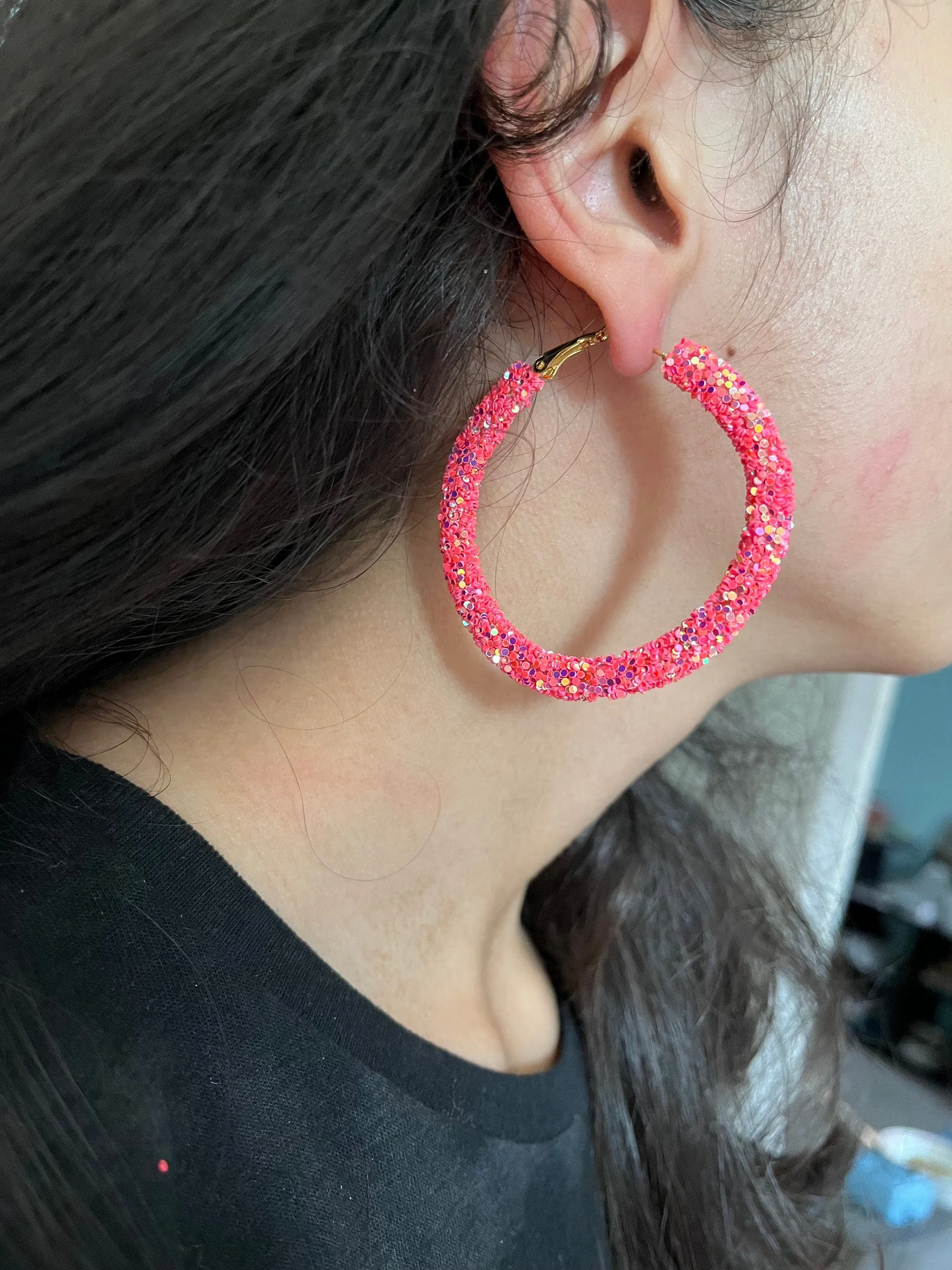 Pink hoops , bright pink glitter  hoop earrings multicolor , large pink iridescent hoops , big hoop earrings
