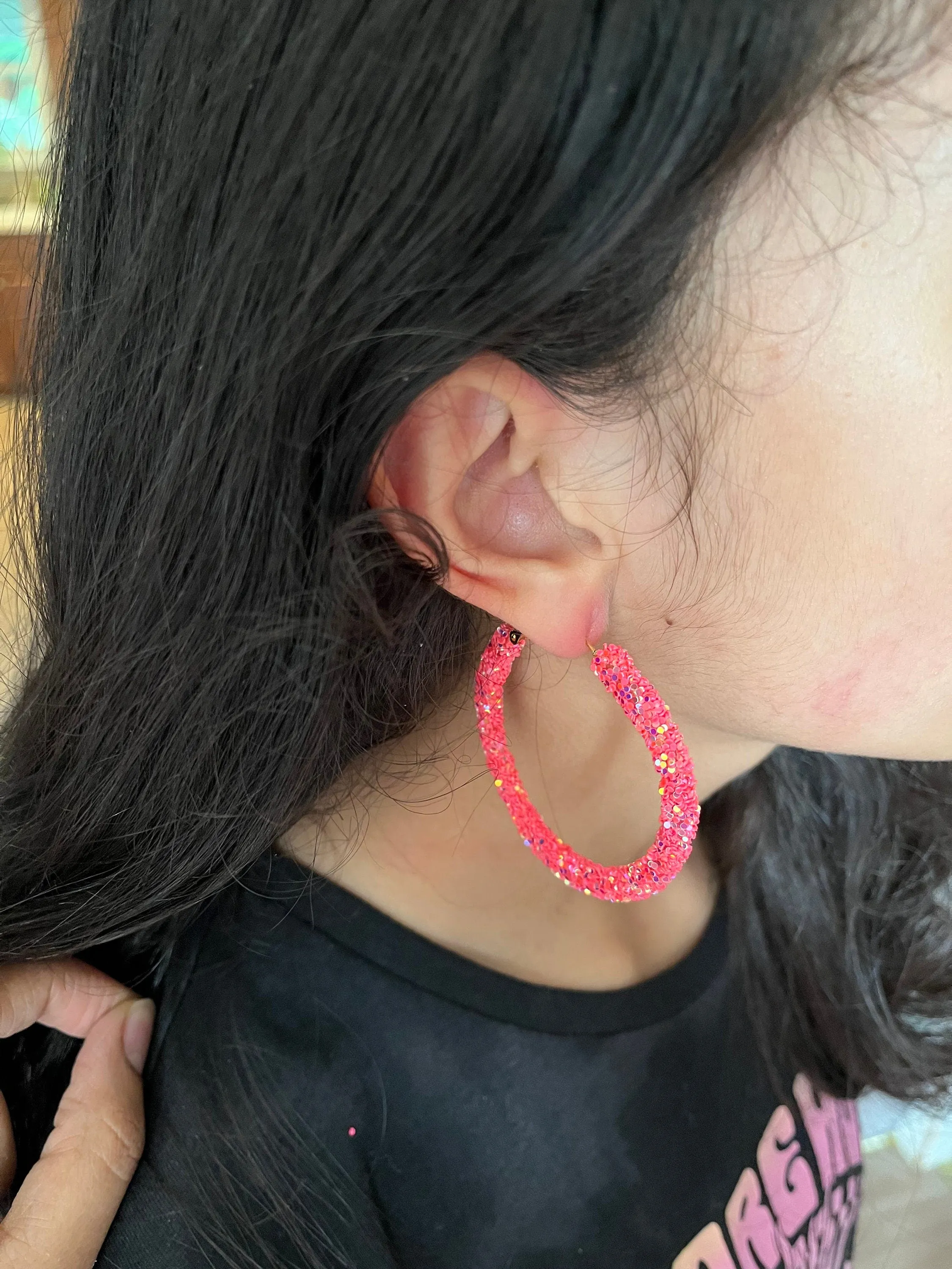 Pink hoops , bright pink glitter  hoop earrings multicolor , large pink iridescent hoops , big hoop earrings