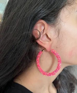 Pink hoops , bright pink glitter  hoop earrings multicolor , large pink iridescent hoops , big hoop earrings