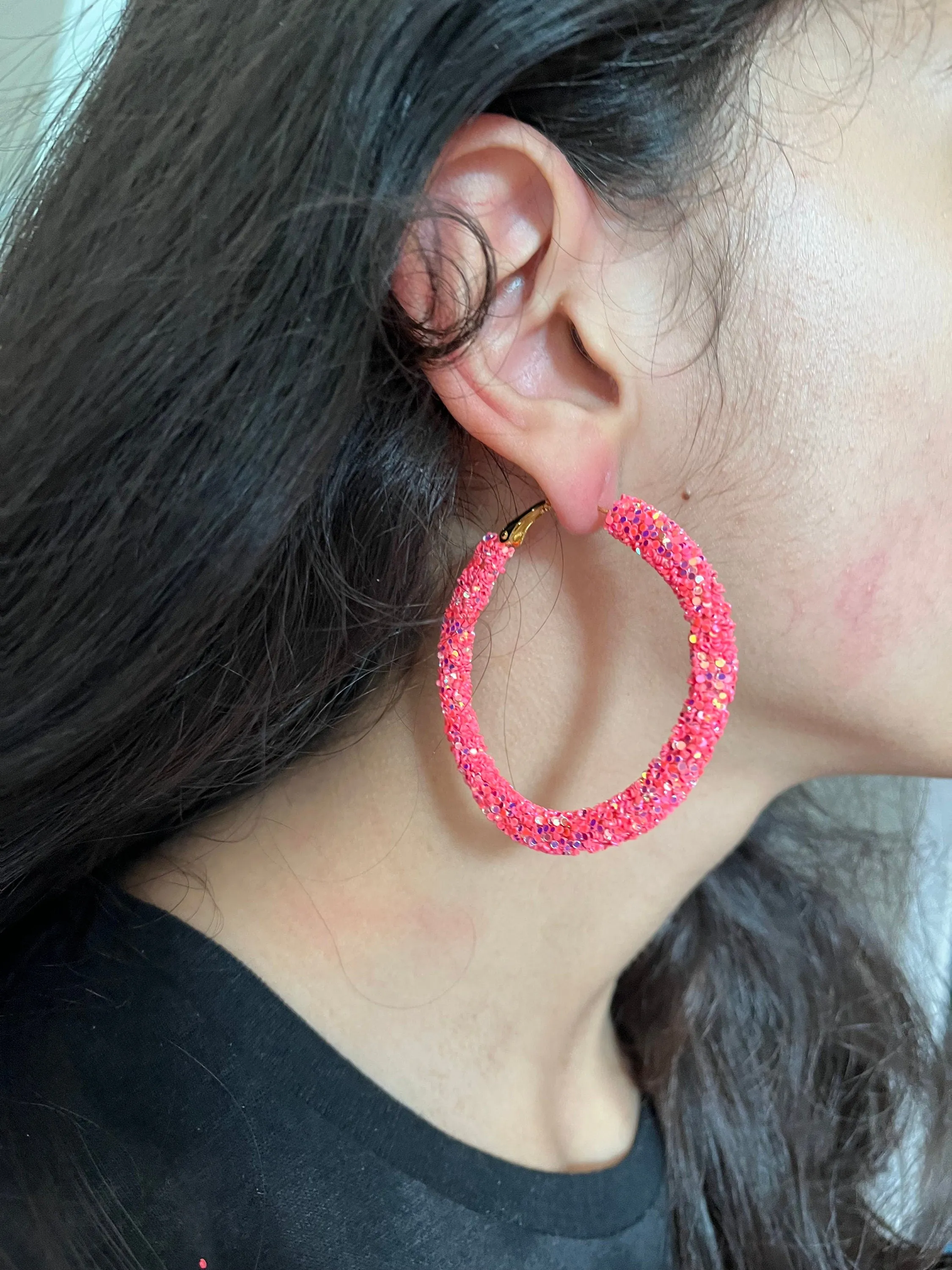 Pink hoops , bright pink glitter  hoop earrings multicolor , large pink iridescent hoops , big hoop earrings