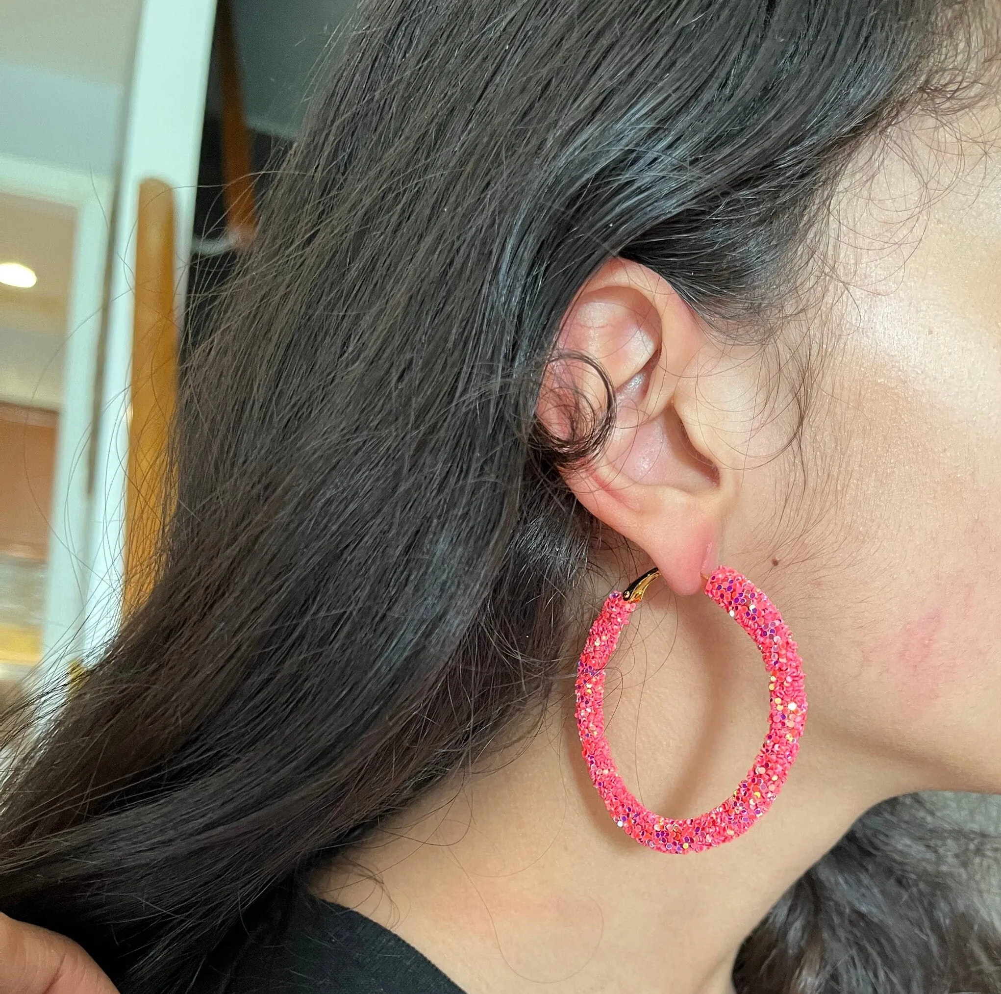 Pink hoops , bright pink glitter  hoop earrings multicolor , large pink iridescent hoops , big hoop earrings