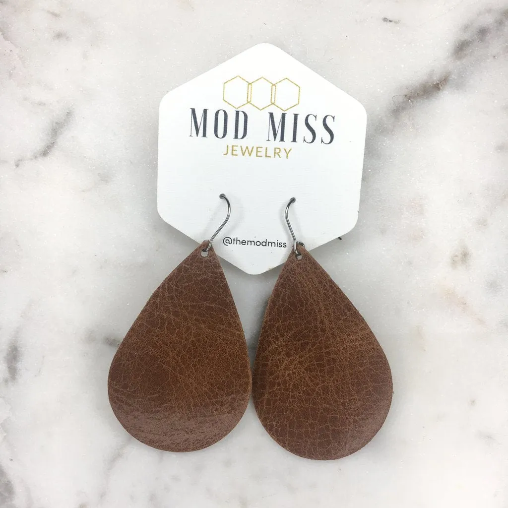 "River" Worn Brown Leather Teardrop Earrings
