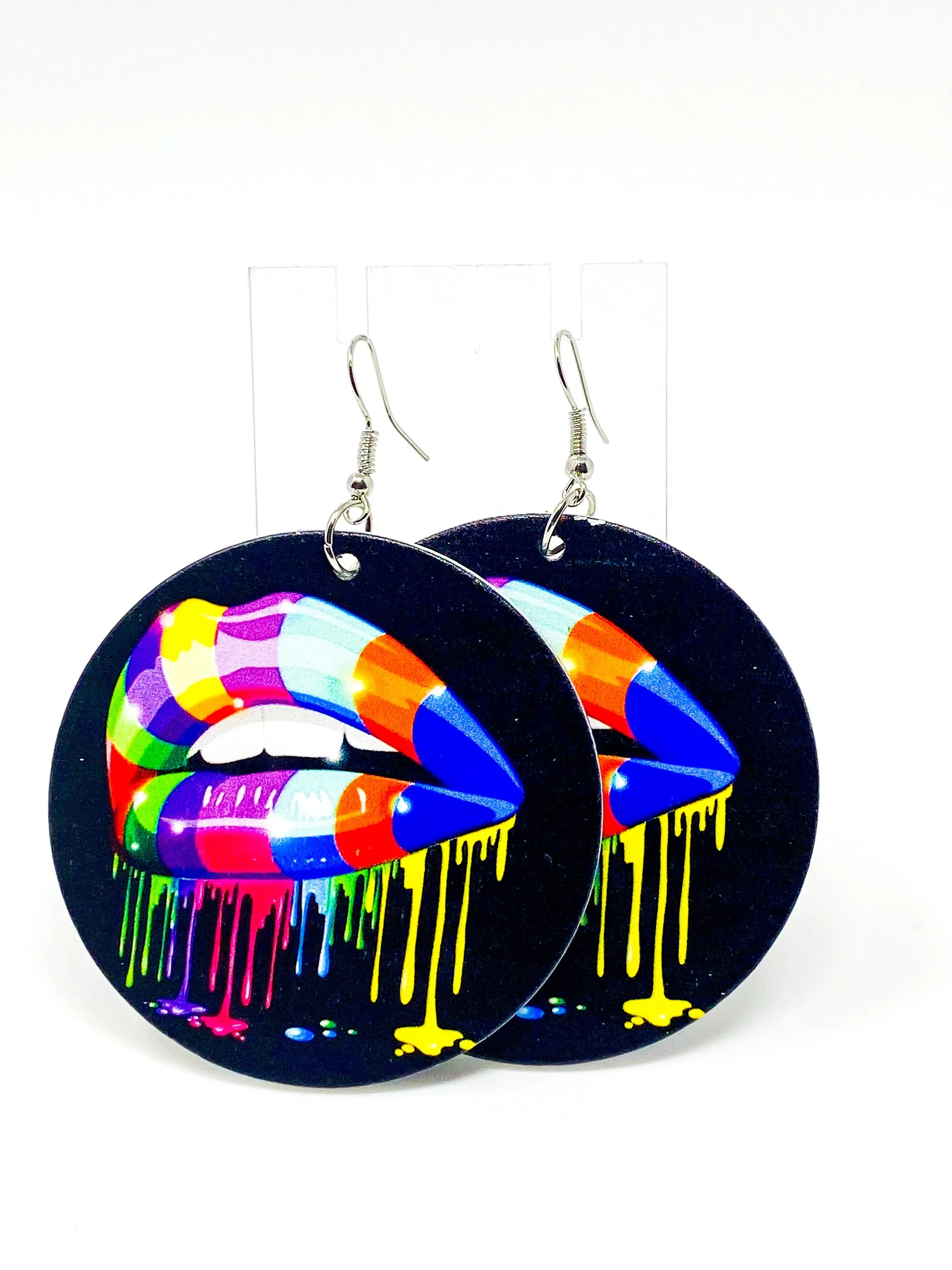 Rainbow Hoop Drop Earrings - Statement Fashion Jewelry, 2.25-inch Diameter, Handmade Wood Material, Nickel-Free Ear Hooks, Lifetime Warranty