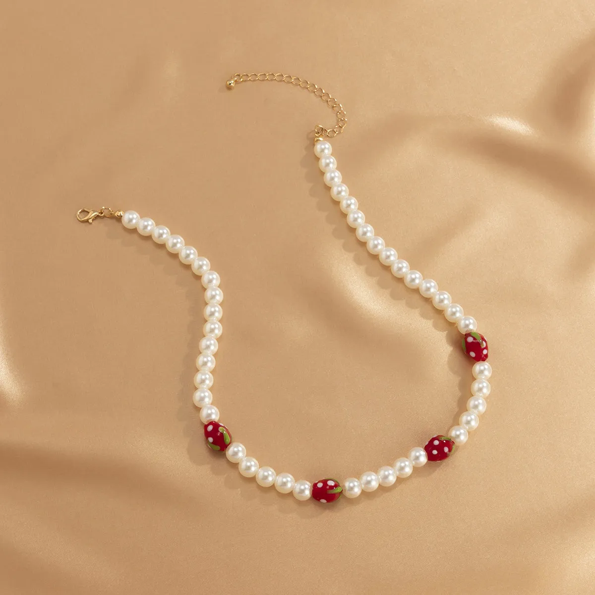 Red Acrylic & Pearl Strawberry Beaded Choker Necklace