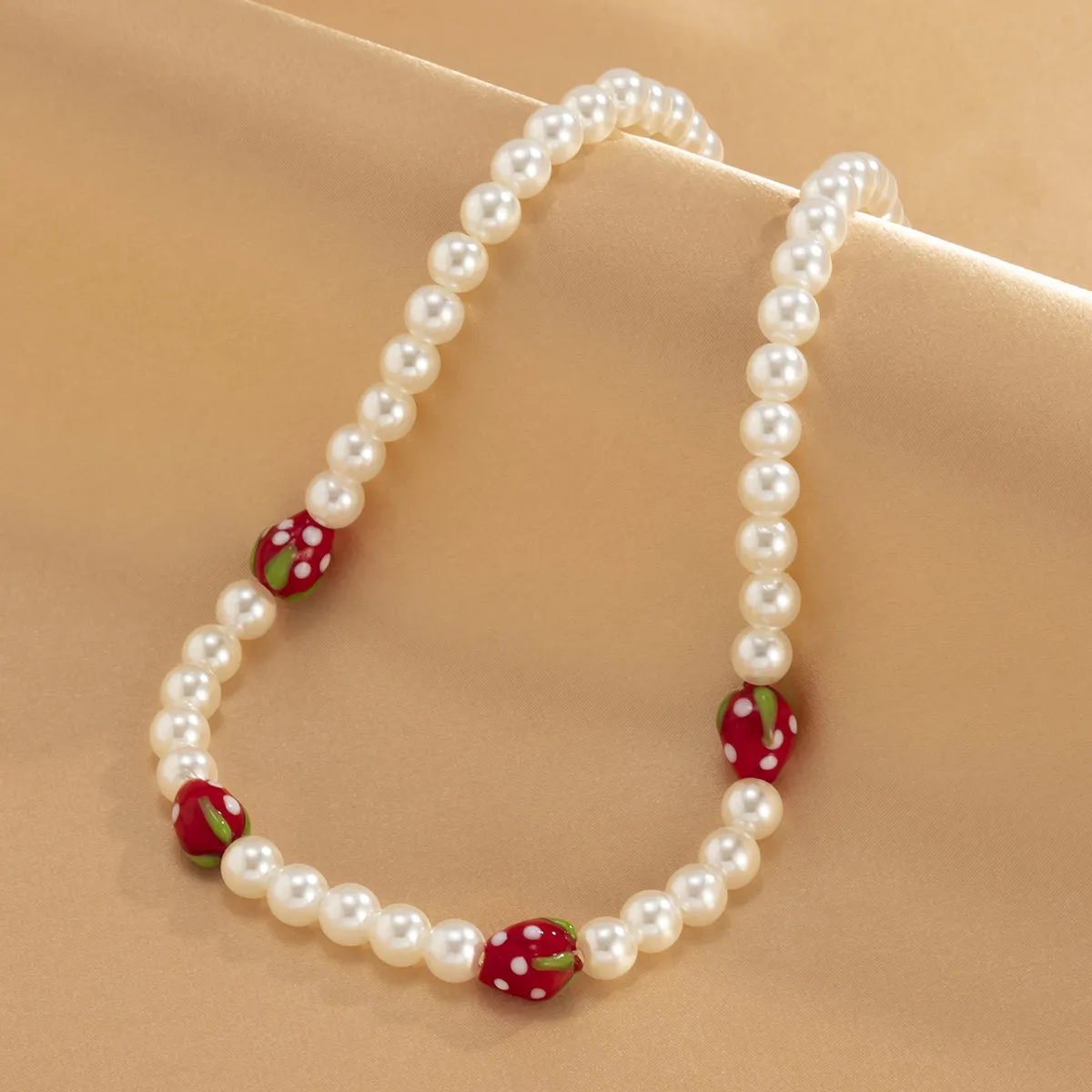 Red Acrylic & Pearl Strawberry Beaded Choker Necklace