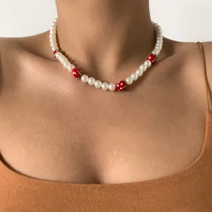Red Acrylic & Pearl Strawberry Beaded Choker Necklace