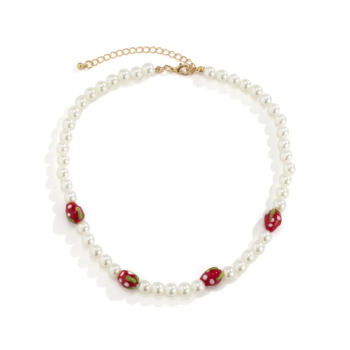 Red Acrylic & Pearl Strawberry Beaded Choker Necklace