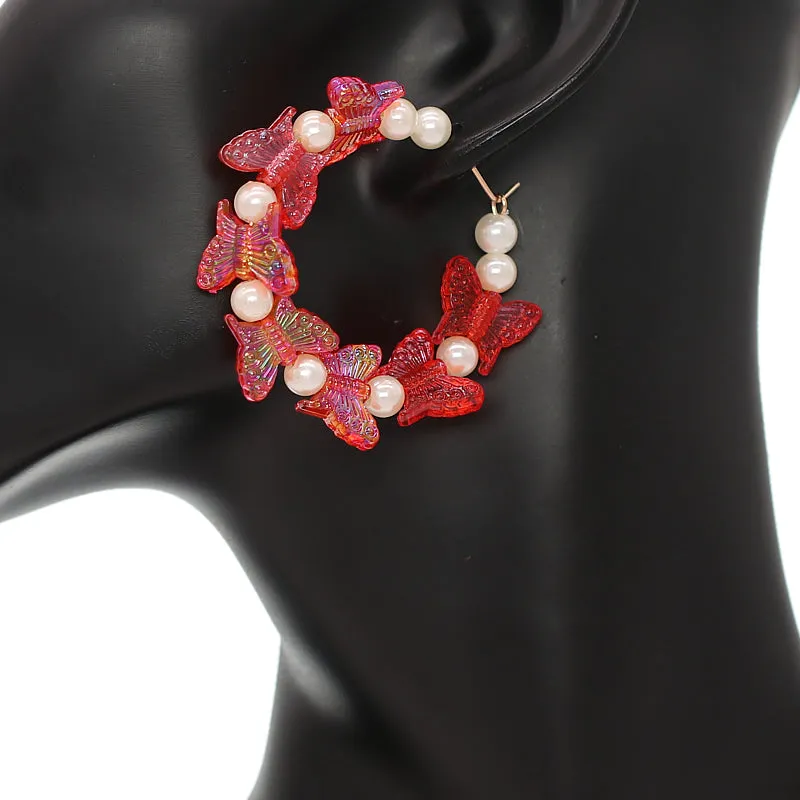Red Butterfly Faux Pearl Mini Hoop Earrings