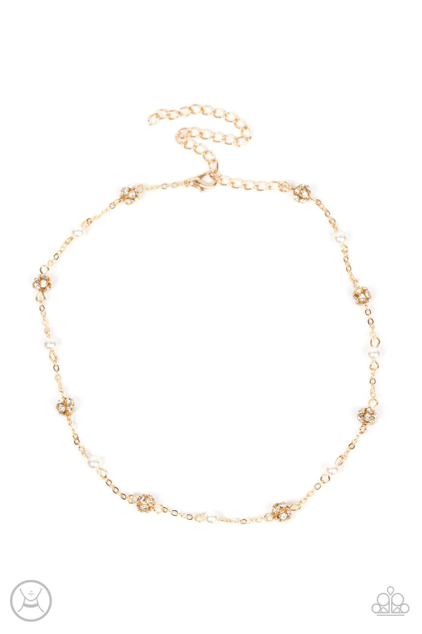 Rumored Romance - Gold - White Pearl and Rhinestone Beaded Silver Paparazzi Choker Necklace