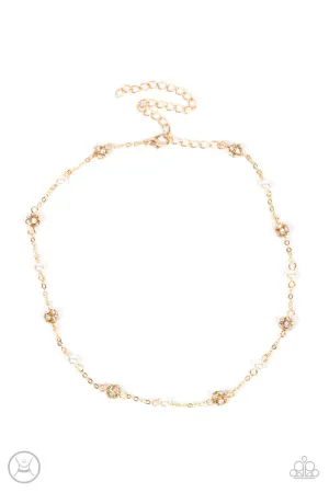 Rumored Romance - Gold - White Pearl and Rhinestone Beaded Silver Paparazzi Choker Necklace