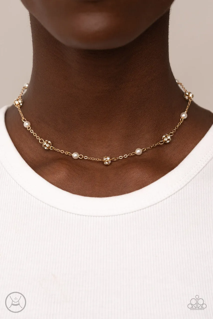 Rumored Romance - Gold - White Pearl and Rhinestone Beaded Silver Paparazzi Choker Necklace