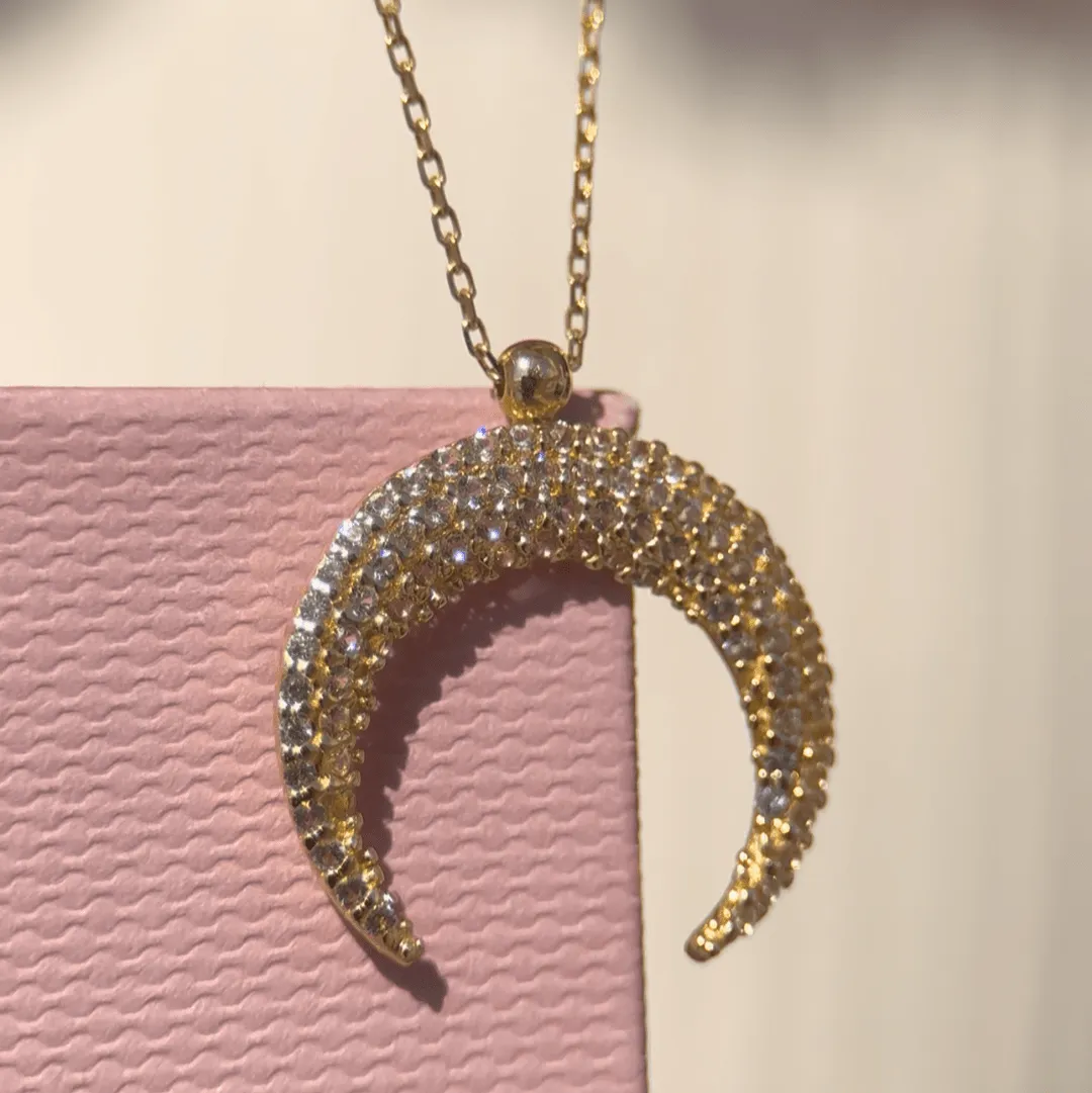 Sapphire Pave Crescent Moon Necklace