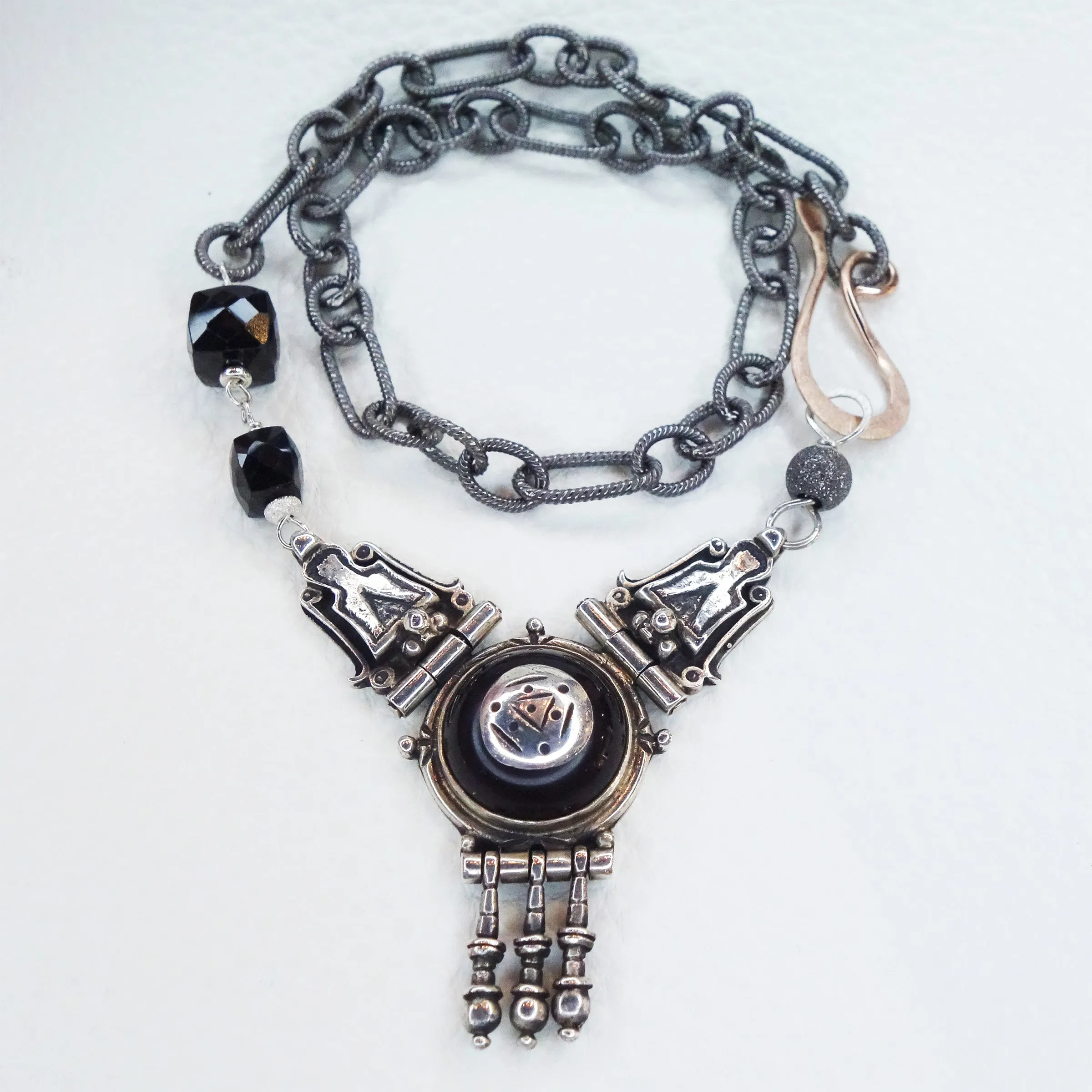 She Forged Ahead: onyx, silver, and rose gold necklace/bracelet
