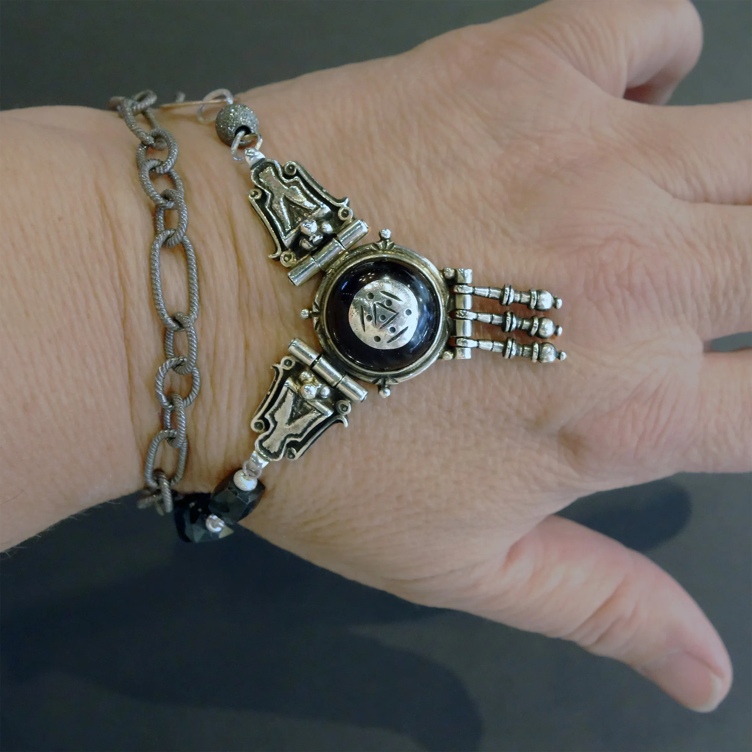 She Forged Ahead: onyx, silver, and rose gold necklace/bracelet