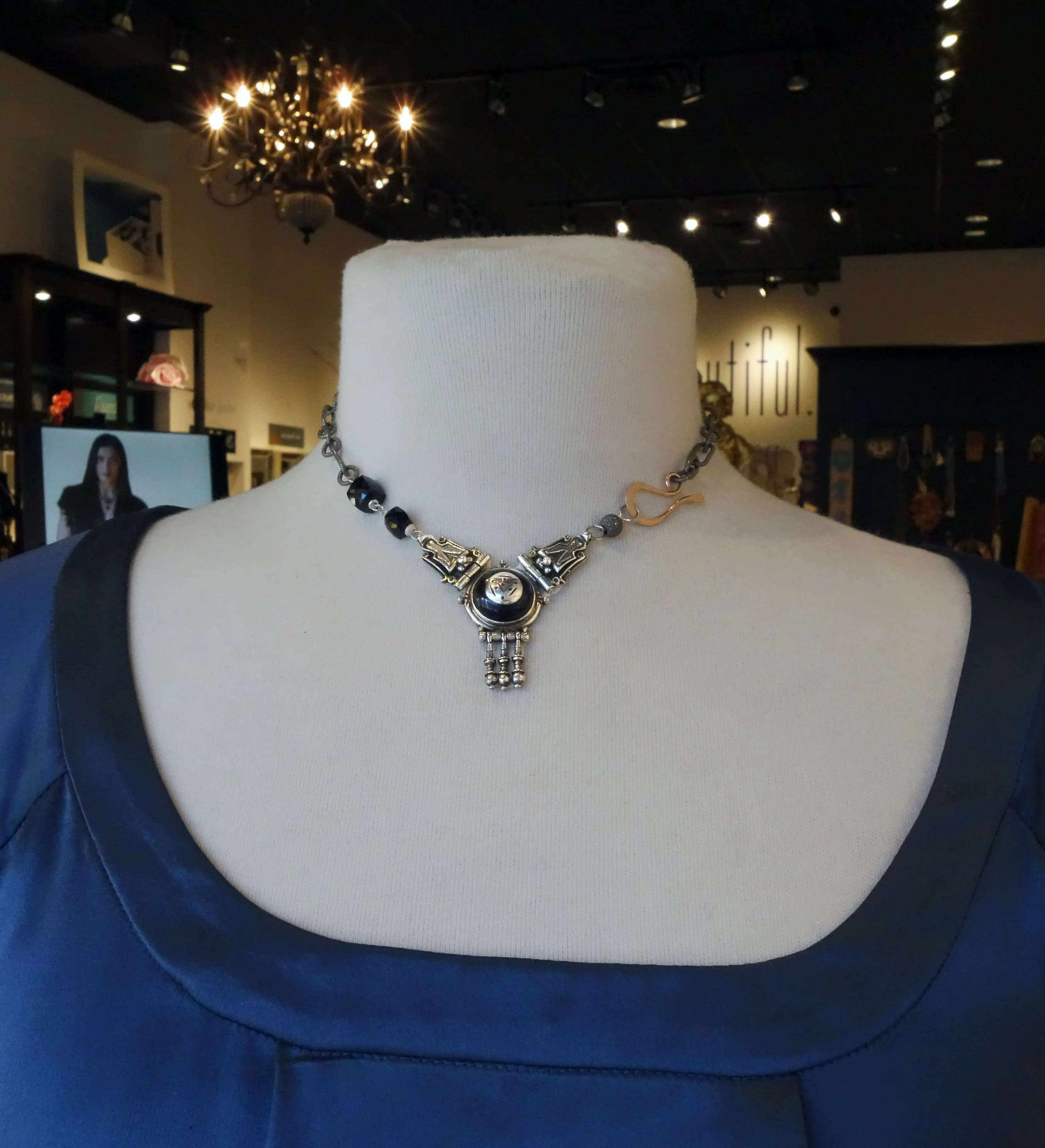 She Forged Ahead: onyx, silver, and rose gold necklace/bracelet