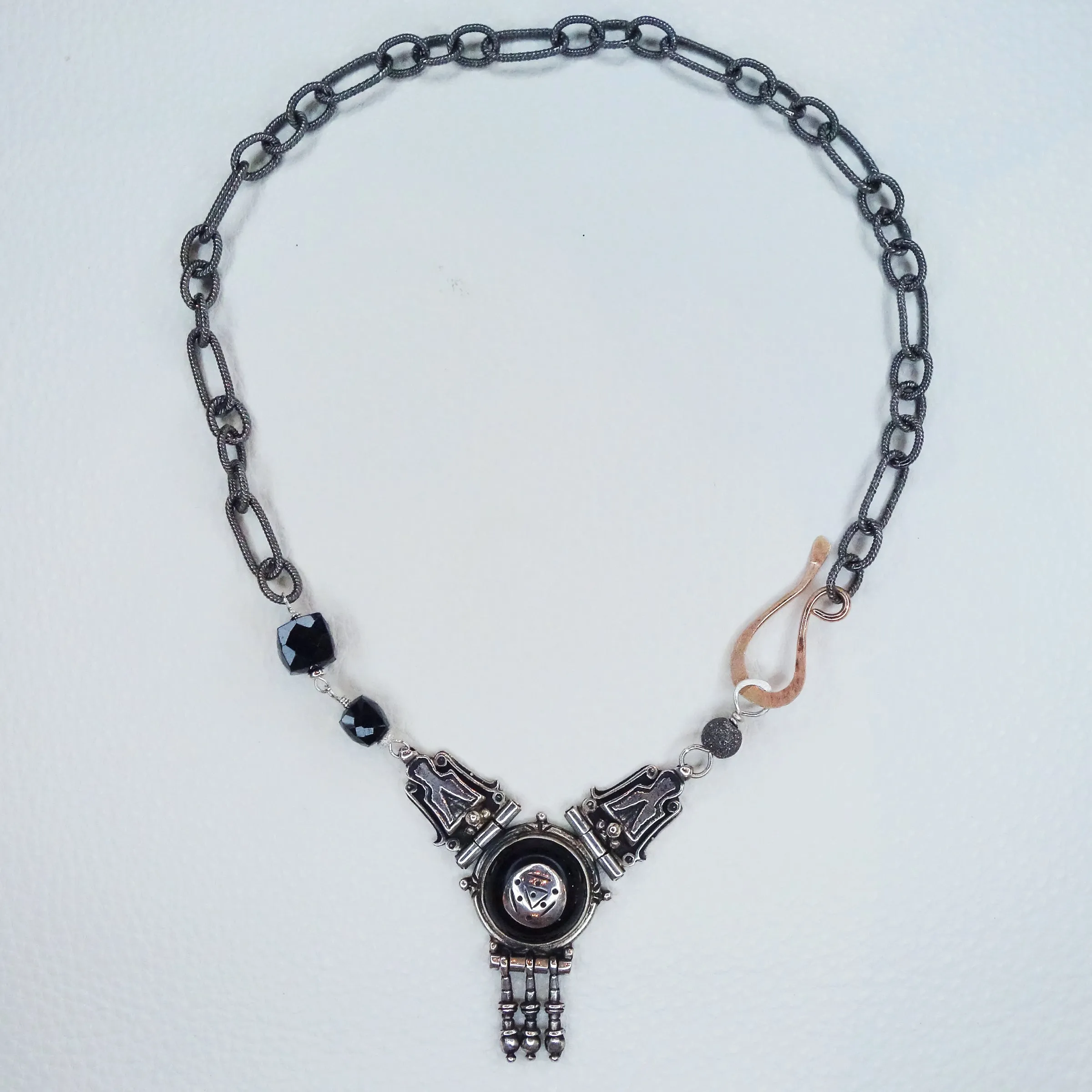 She Forged Ahead: onyx, silver, and rose gold necklace/bracelet