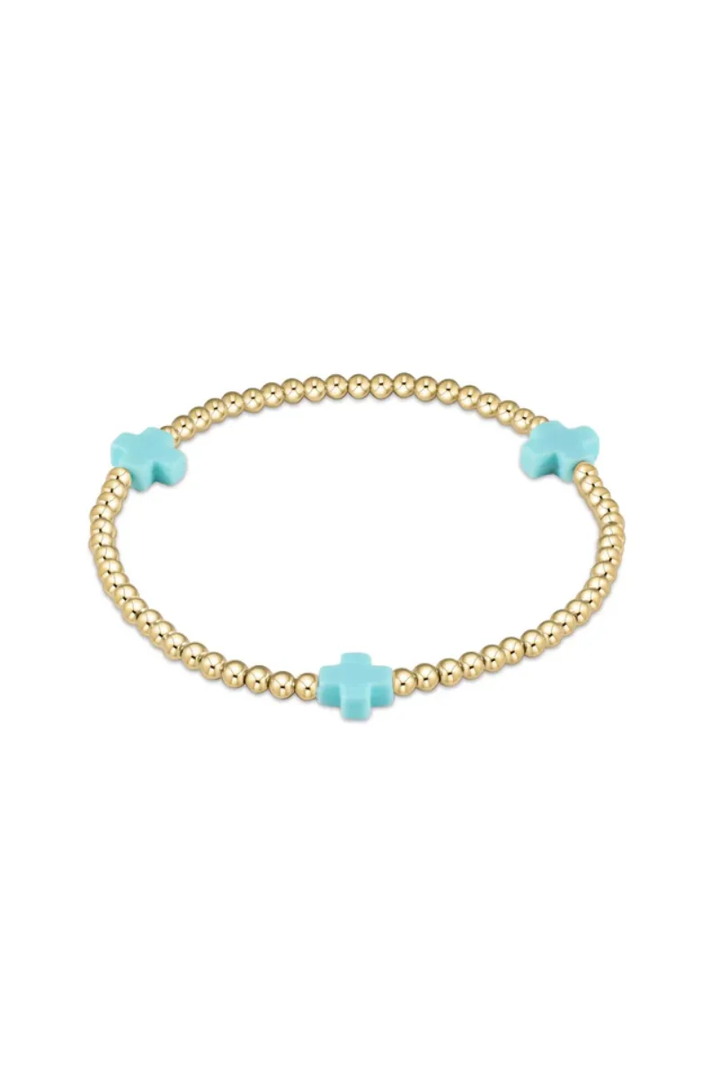 Signature Cross Gold Pattern 3mm Bead Bracelet - Turquoise