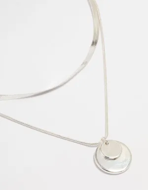 Silver Plated Disc Pendant Layered Necklace