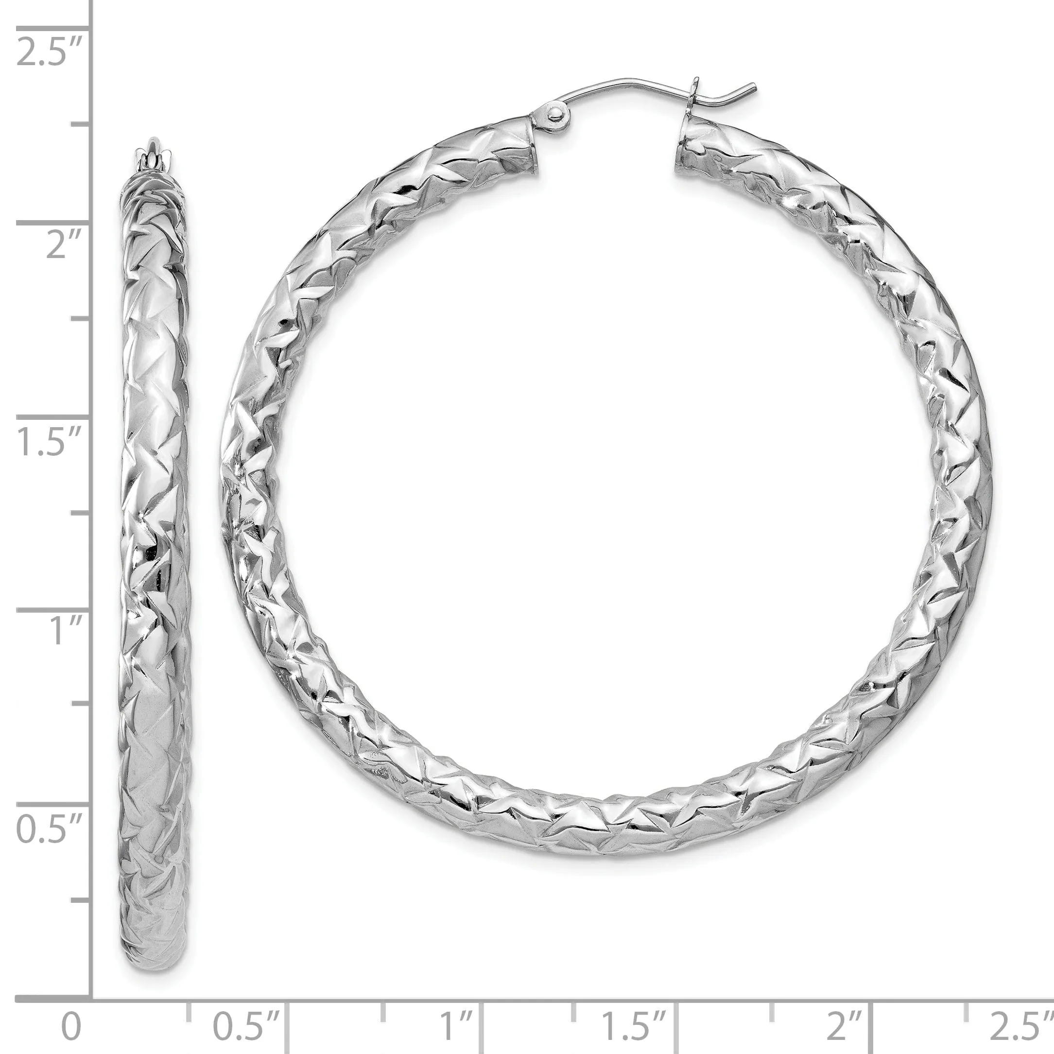 Silver Polished Textured Hinged Hoop Earrings