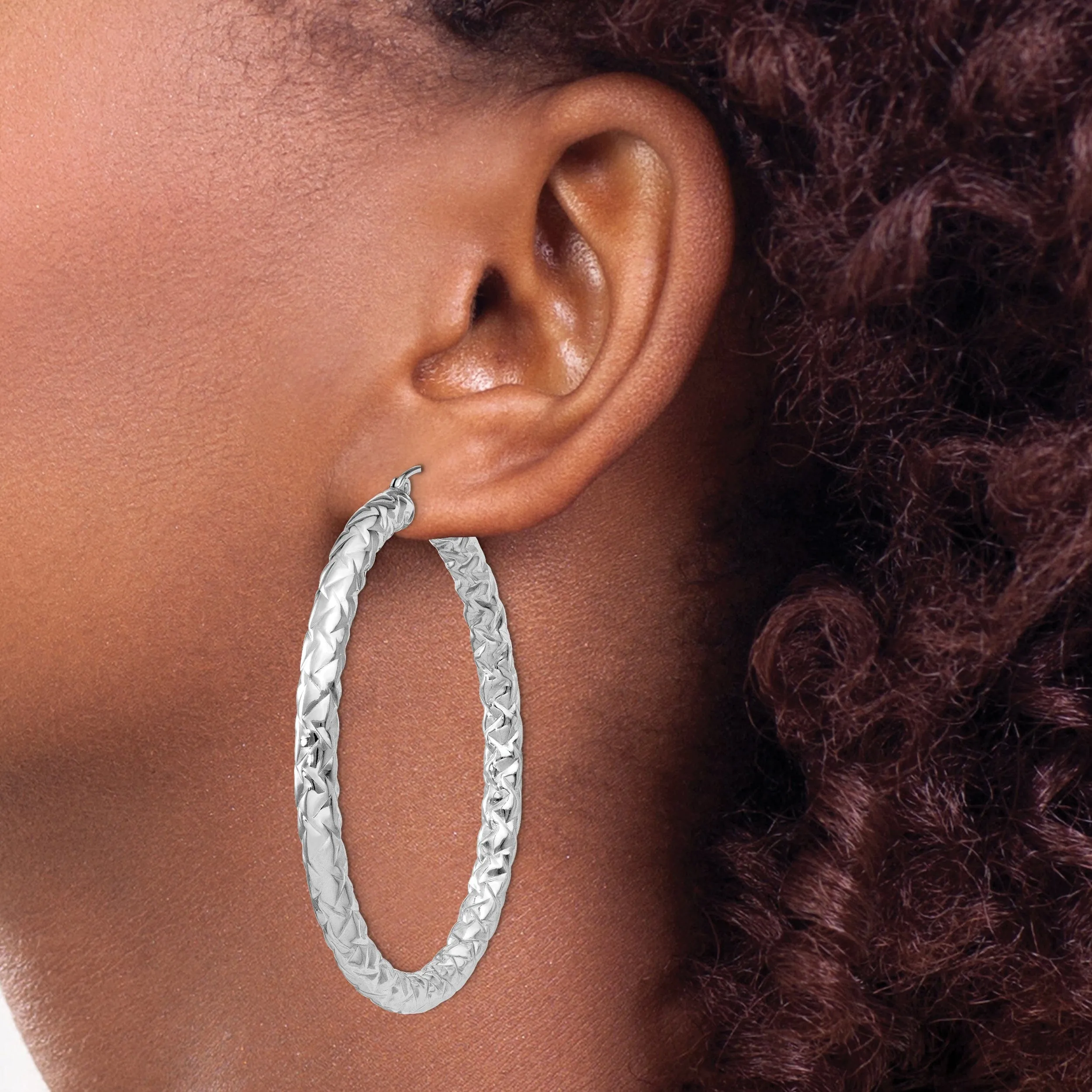 Silver Polished Textured Hinged Hoop Earrings