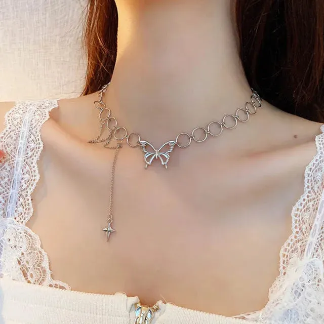Simple Hip Hop Butterfly Tassel Choker Necklace For Women Teens Girls Punk Link Chain Necklace Party Daily Fashion Jewelry