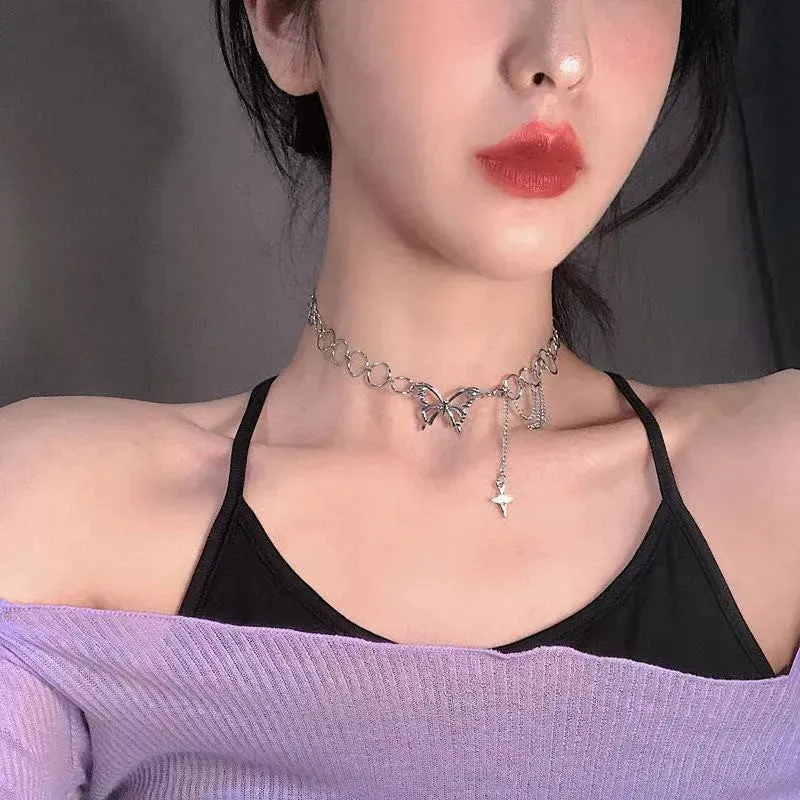 Simple Hip Hop Butterfly Tassel Choker Necklace For Women Teens Girls Punk Link Chain Necklace Party Daily Fashion Jewelry