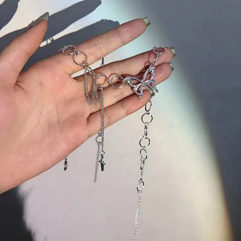 Simple Hip Hop Butterfly Tassel Choker Necklace For Women Teens Girls Punk Link Chain Necklace Party Daily Fashion Jewelry