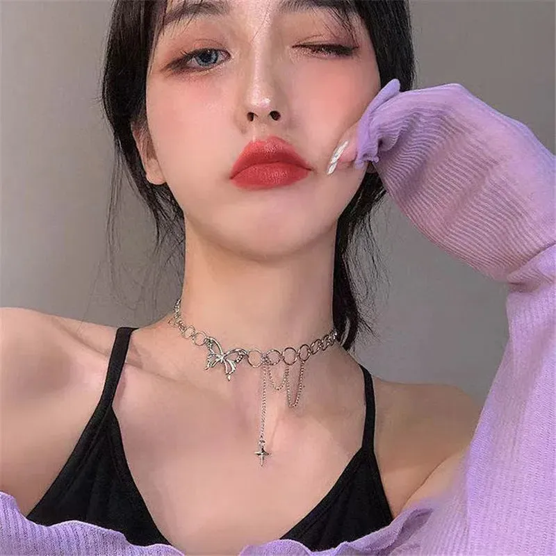 Simple Hip Hop Butterfly Tassel Choker Necklace For Women Teens Girls Punk Link Chain Necklace Party Daily Fashion Jewelry