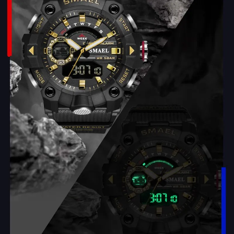 SMAEL Fashion Mens Military Sports Watches Top Brand Luxury Quartz Waterproof Watch Men LED Digital Wristwatch Relogio Masculino