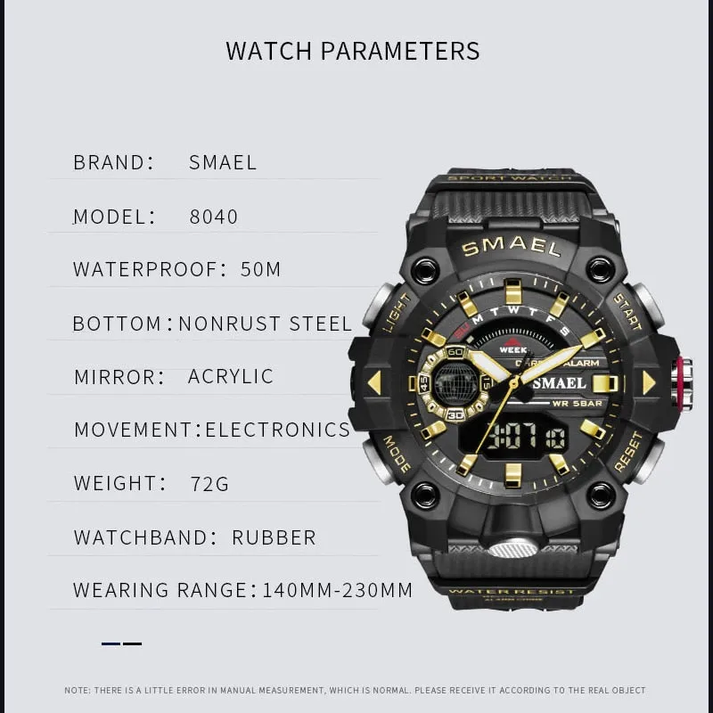 SMAEL Fashion Mens Military Sports Watches Top Brand Luxury Quartz Waterproof Watch Men LED Digital Wristwatch Relogio Masculino