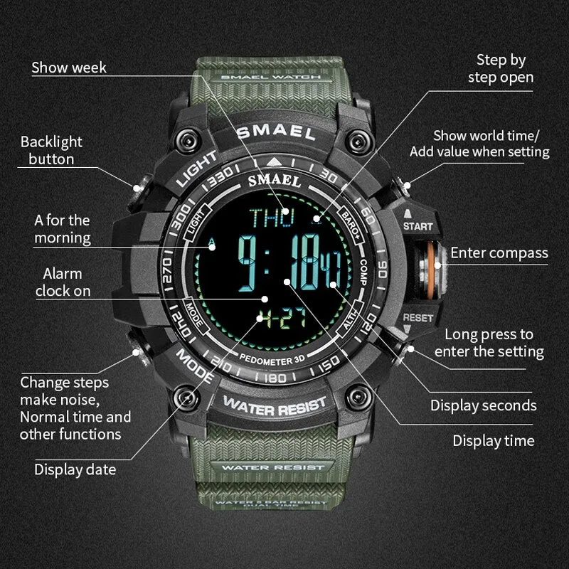 SMAEL Luxury Brand LED Digital Watches for Men Waterproof Outdoor Sport Smart Watch Black Military Chronograph Wristwatch Male