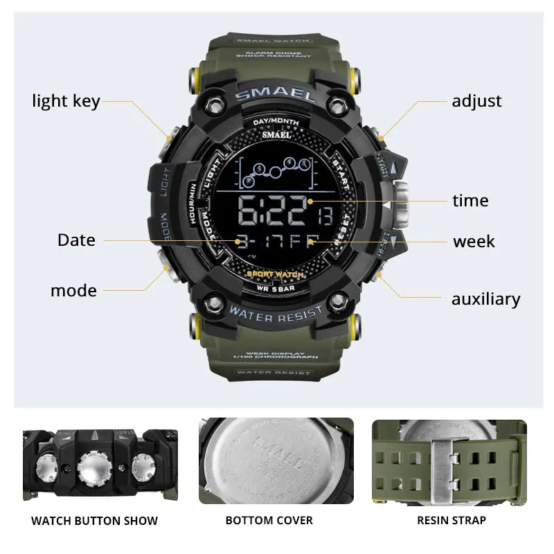 SMAEL Mens Watch Army Military LED Digital Sport Watches Fashion Casual Water Resistant Stopwatches For Male Multifunction Clock