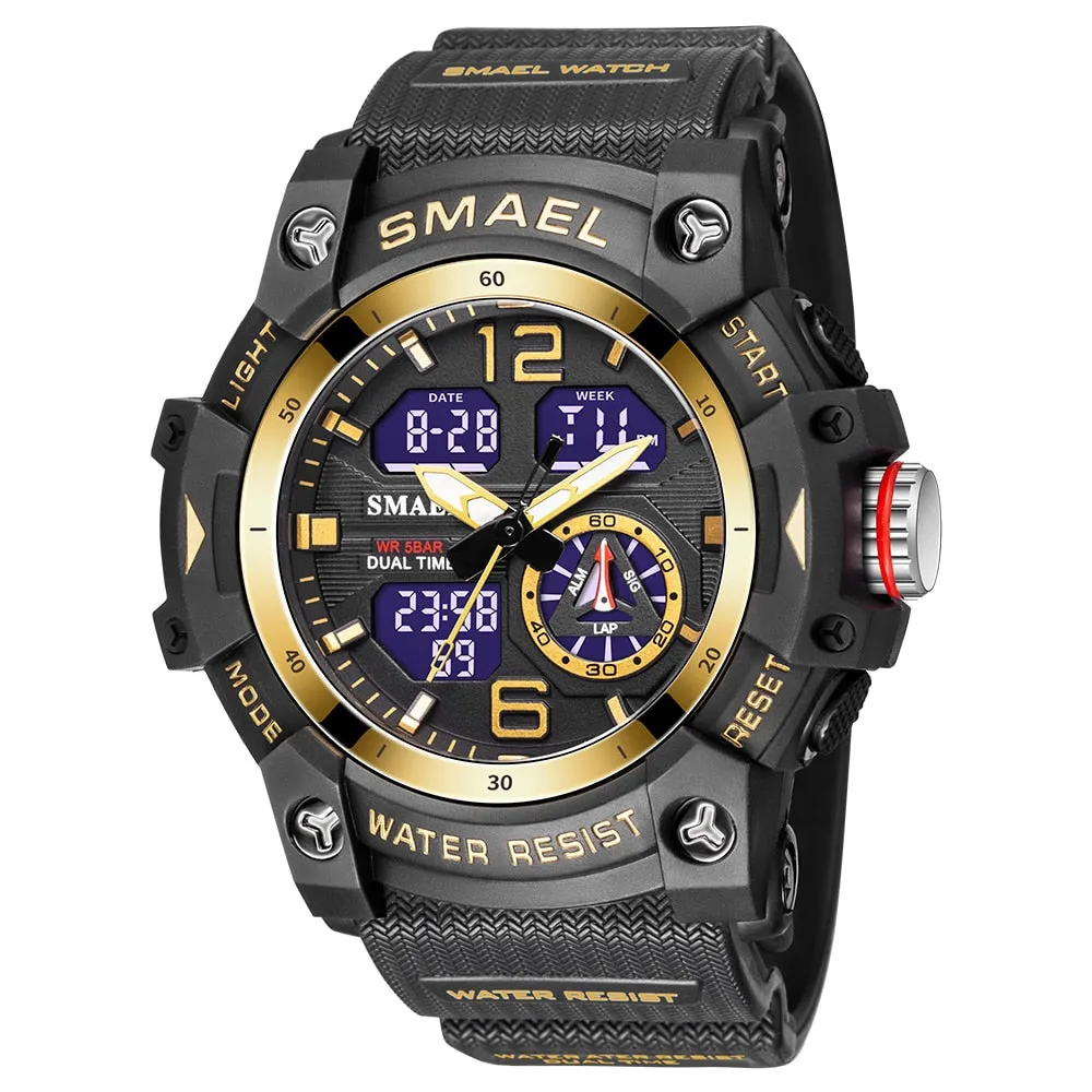 SMAEL Sports Men&#39;s Watches Top Brand Luxury Military Alarm Quartz Watch Men Waterproof Digital Dual Time Display Clock For Male