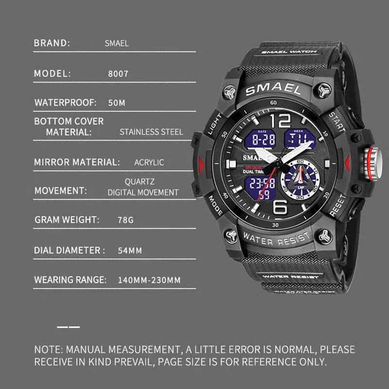 SMAEL Sports Men&#39;s Watches Top Brand Luxury Military Alarm Quartz Watch Men Waterproof Digital Dual Time Display Clock For Male