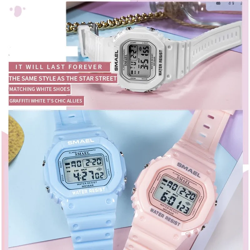 SMAEL Teenager Fashion Digital Watch Women Waterproof Backlight Multifunction Student WristWatch Student Dial LED Ladies Watches