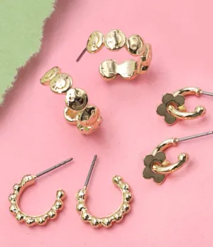 Smiley Flower Ear Huggie Trio