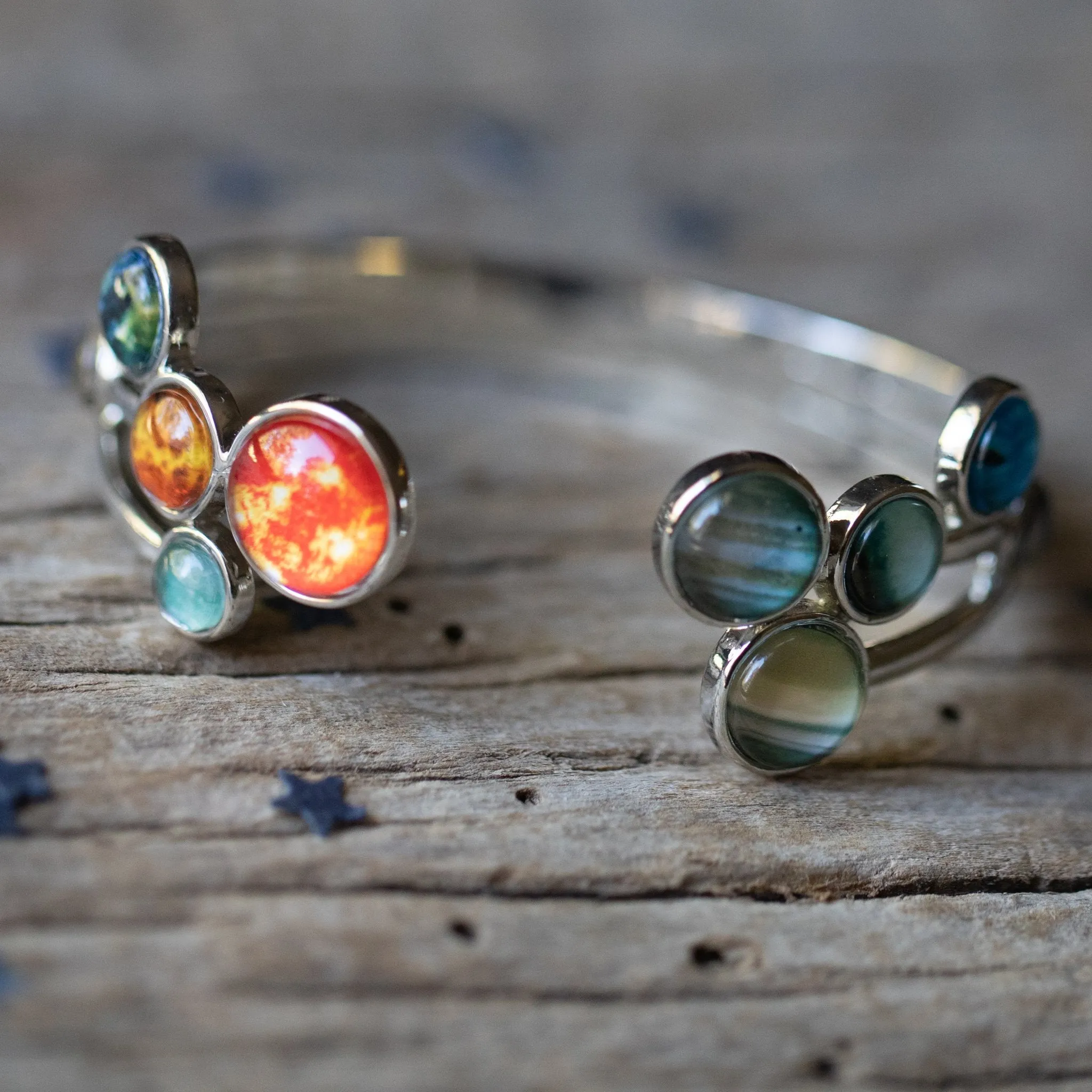Solar System Adjustable Cuff Bracelet - Rhodium Plated Brass & Glass Materials, Handcrafted, 9 Planets & Sun Design, Care Instructions Included