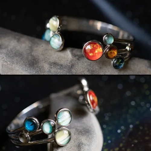 Solar System Adjustable Cuff Bracelet - Rhodium Plated Brass & Glass Materials, Handcrafted, 9 Planets & Sun Design, Care Instructions Included