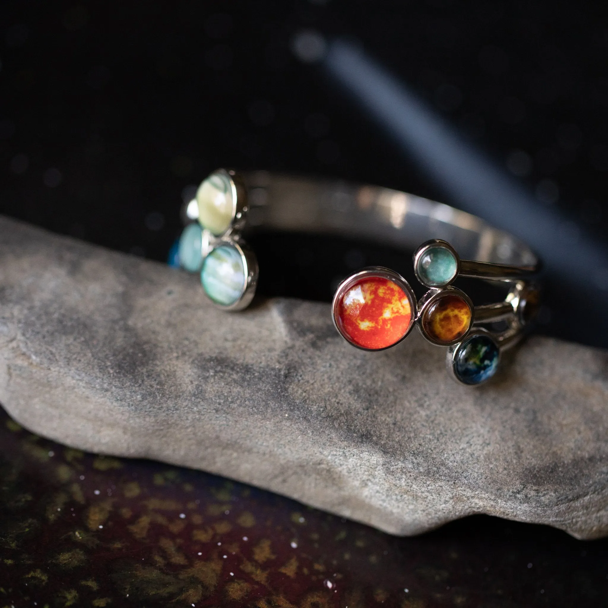 Solar System Adjustable Cuff Bracelet - Rhodium Plated Brass & Glass Materials, Handcrafted, 9 Planets & Sun Design, Care Instructions Included