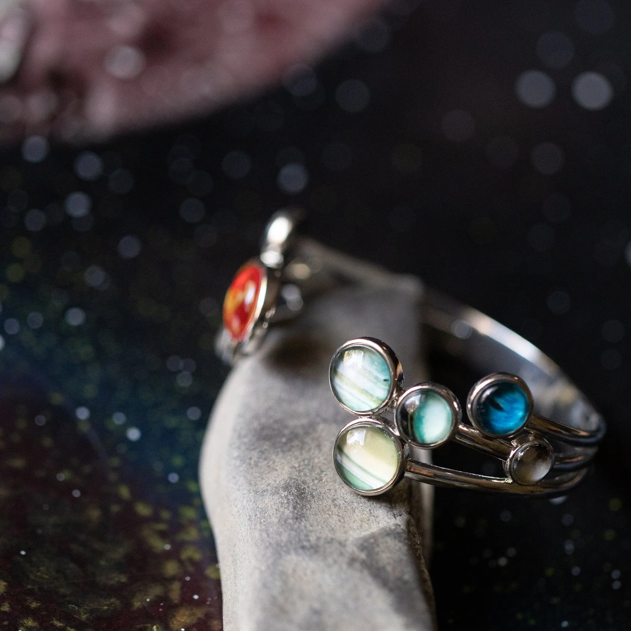 Solar System Adjustable Cuff Bracelet - Rhodium Plated Brass & Glass Materials, Handcrafted, 9 Planets & Sun Design, Care Instructions Included