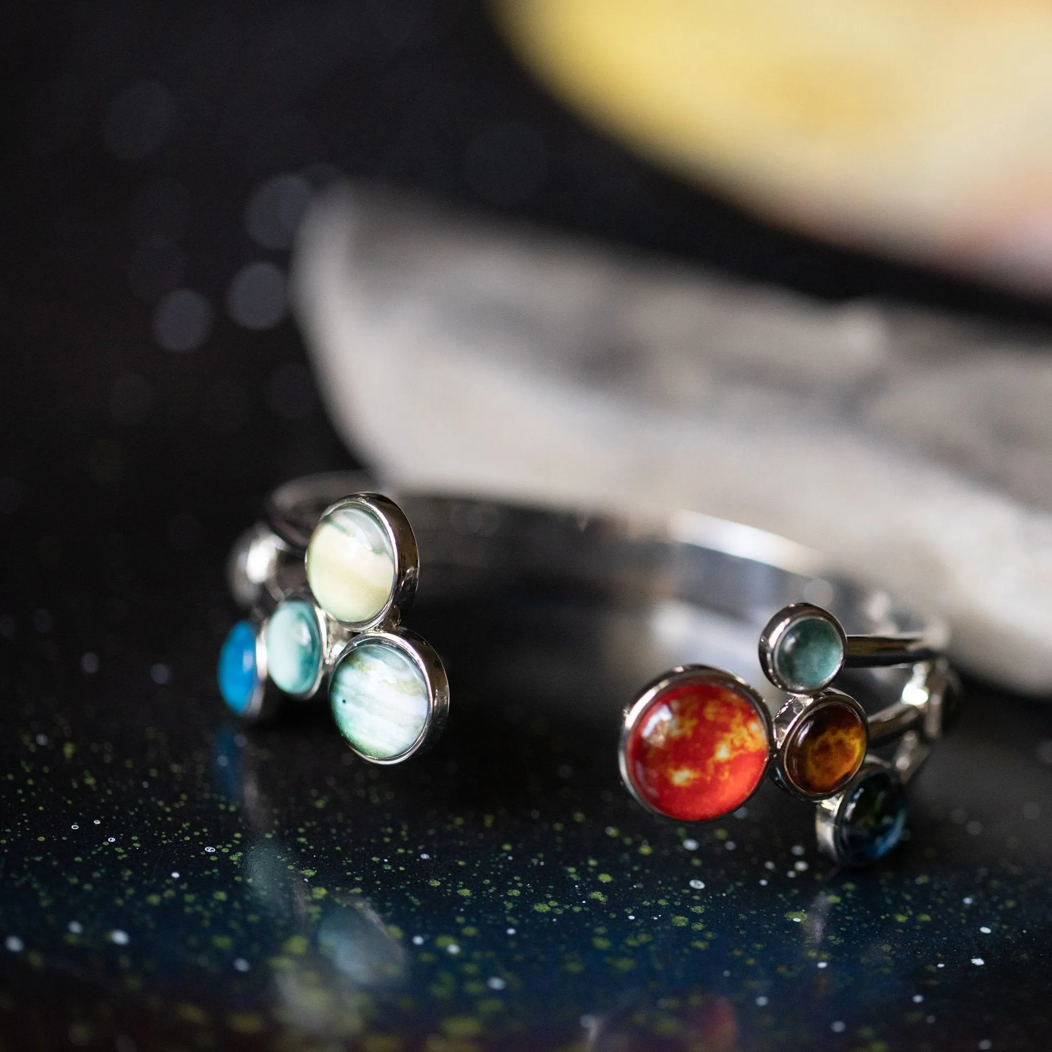 Solar System Adjustable Cuff Bracelet - Rhodium Plated Brass & Glass Materials, Handcrafted, 9 Planets & Sun Design, Care Instructions Included