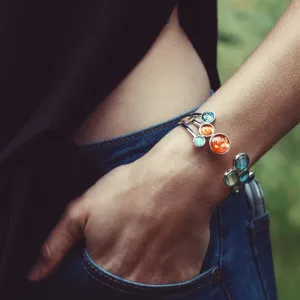 Solar System Adjustable Cuff Bracelet - Rhodium Plated Brass & Glass Materials, Handcrafted, 9 Planets & Sun Design, Care Instructions Included