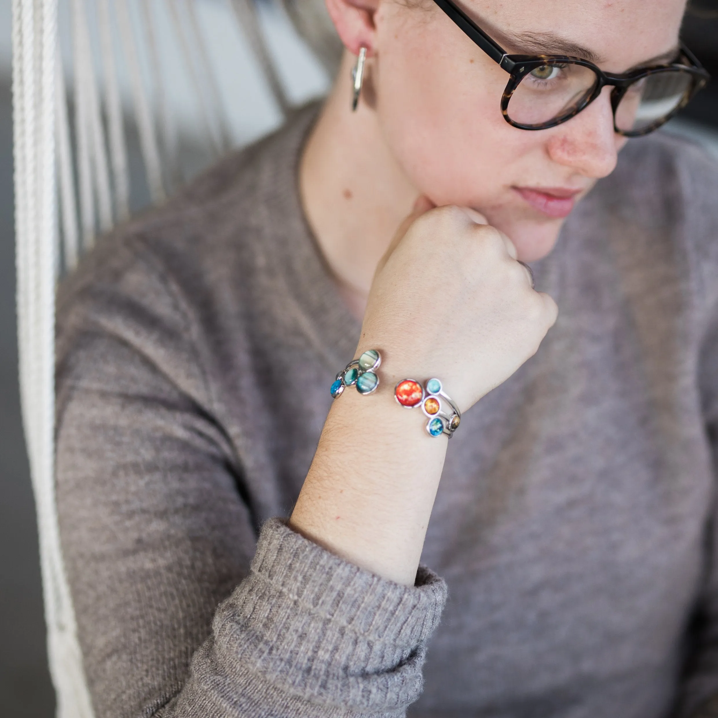 Solar System Adjustable Cuff Bracelet - Rhodium Plated Brass & Glass Materials, Handcrafted, 9 Planets & Sun Design, Care Instructions Included