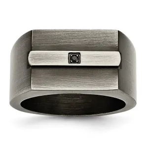 Stainless Steel Antiqued and Brushed w/Black CZ Signet Ring